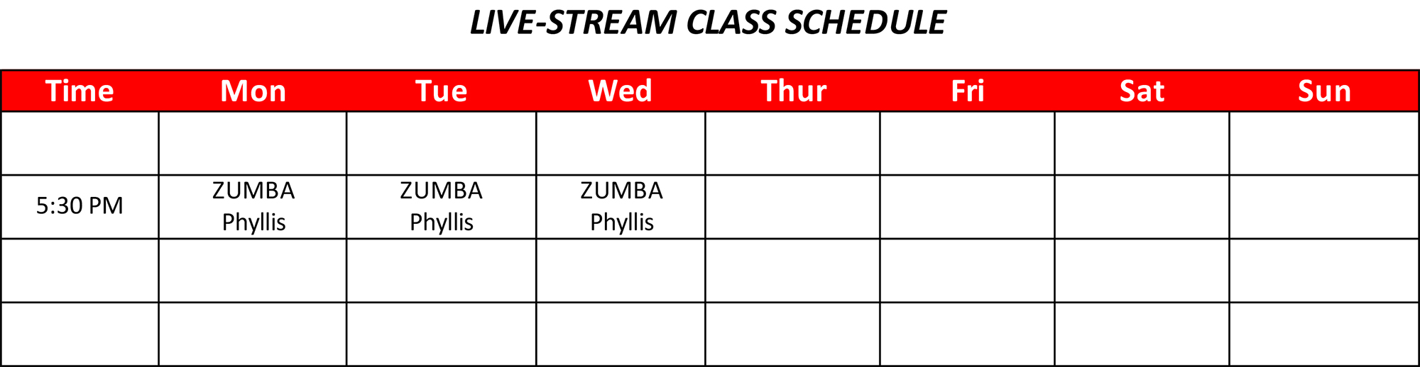 Live-Stream Class Schedule